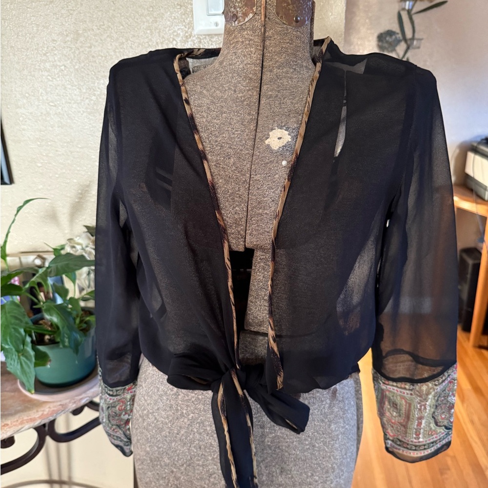 Black Sheer Tie-Front Top with Patterned Sleeves
